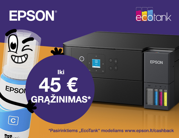 Epson grąžina iki 45 € perkant akcijoje dalyvaujančius produktus ir užregistravus savo prekę: galioja akcijos rengėjo sąlygos ir taisyklės