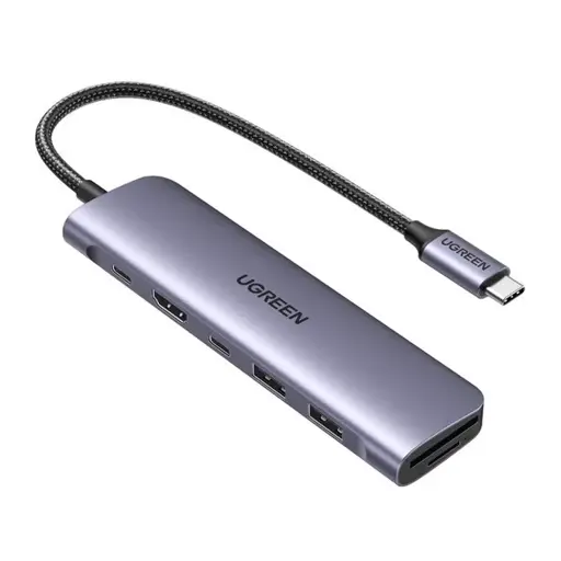 Ugreen CM195 6-in-1 USB-C adapteris – HDMI / 2× USB-A 3.0 / USB-C PD / SD / TF kortelių skaitytuvas – pilkas