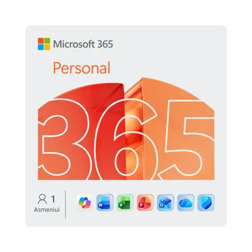 Microsoft 365 Personal paketo (Word, Excel, PowerPoint, OneNote, Outlook, Publisher, Access, Copilot) ir jo papildomo internetinio serviso, skirta 1 asmeniui, 1 metų naudojimo prenumerata, elektroninis produkto raktas pakuotėje Eu rinkai, daugiakalbė