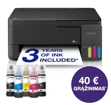 Epson EcoTank L3350 daugiafunkcis A4 spausdintuvas su „Wi-Fi“, „AirPrint“ ir rašalo talpykla, kurioje rašalo yra tiek, kad pakaks iki 3 metų