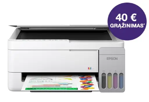 Epson EcoTank L3356 daugiafunkcis A4 spausdintuvas su „Wi-Fi“, „AirPrint“ ir rašalo talpykla, kurioje rašalo yra tiek, kad pakaks iki 3 metų