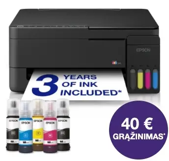 Epson EcoTank L3351 daugiafunkcis A4 spausdintuvas su „Wi-Fi“, „AirPrint“ ir rašalo talpykla, kurioje rašalo yra tiek, kad pakaks iki 3 metų