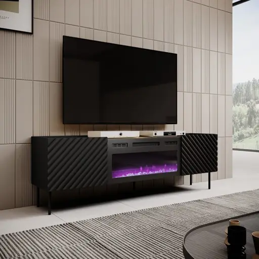 RTV spintelė su elektriniu židiniu ONDA 180x40x39-58 juoda (pastatoma arba montuojama ant sienos)