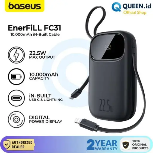 Powerbank Baseus EnerFill FC31 QPow3 10000mAh 45W z wyświetlaczem cyfrowym z 2 wbudowanymi kablami USB-C - biały