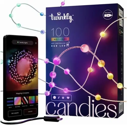 Twinkly Candies 100 Pearl-shaped RGB LEDs, Green Wire, USB-C