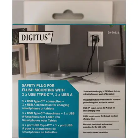 SALE OUT. DIGITUS Safety Plug for Flush Mounting with 1 x USB Type-C, 1 x USB A