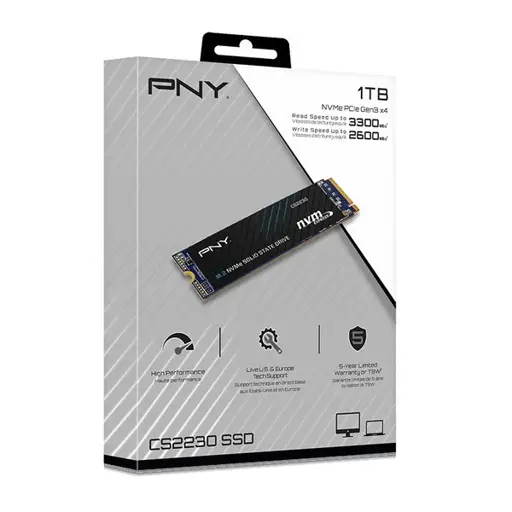 PNY CS2230 M.2 1 TB PCI Express 3.0 3D NAND NVMe, max read 3,300 MB/s, max write 2,600 MB/s
