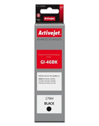 Activejet AC-G46BK rašalo buteliukas, skirtas Canon spausdintuvui, Canon GI-46BK pakaitalas; Supreme; 170 ml; juodas