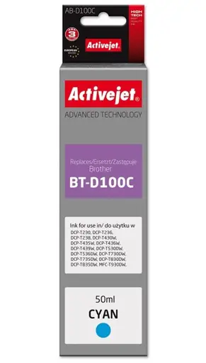 Activejet AB-D100C rašalo buteliukas, skirtas Brother spausdintuvui, Brother BT-D100C pakaitalas; Supreme; 50 ml; mėlynas
