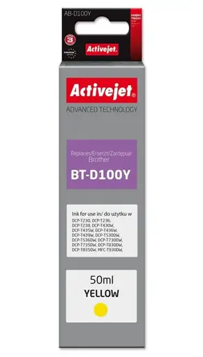 Activejet AB-D100Y rašalo buteliukas, skirtas Brother spausdintuvui, Brother BT-D100Y pakaitalas; Supreme; 50 ml; geltonas