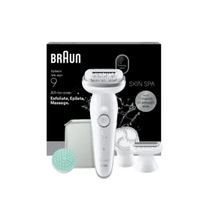 Braun Silk-épil 9 SkinSpa SES9-080 Epilator, Wet & Dry, White/Silver