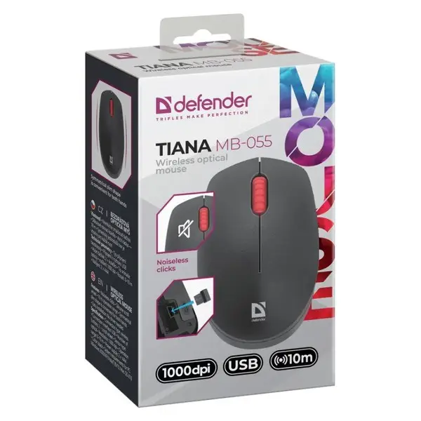 Belaidė pelė DEFENDER GM-126 TIANA MB-055 RF Silent juoda 1000 dpi 3P – 3