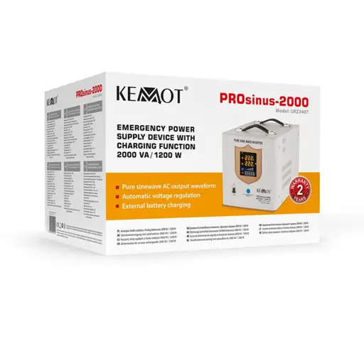 Avarinis maitinimo šaltinis „KEMOT PROsinus-2000“ – keitiklis su grynu sinusiniu signalu ir įkrovimo funkcija, 12 V, 230 V, 2000 VA/1200 W