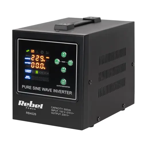 Avarinis maitinimo šaltinis „Rebel POWER-500-LFP4“ – keitiklis su grynu sinusiniu signalu ir įkrovimo funkcija, 12 V, 230 V, 500 VA/300 W