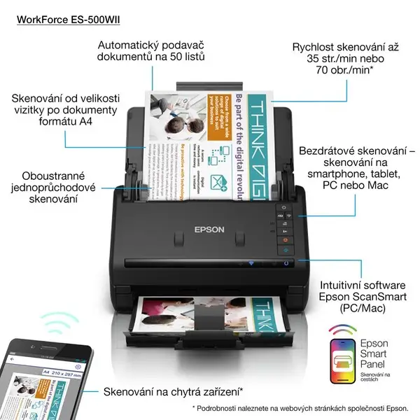 EPSON WorkForce ES-500W II Document scanner Contact Image Sensor CIS Duplex 600x600dpi 35ppm ADF 100sheets 4000scans/d USB Wi-Fi – 5