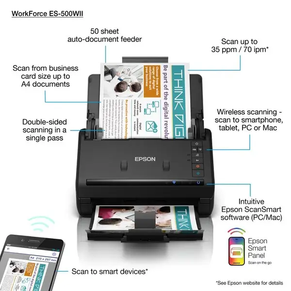 EPSON WorkForce ES-500W II Document scanner Contact Image Sensor CIS Duplex 600x600dpi 35ppm ADF 100sheets 4000scans/d USB Wi-Fi – 6