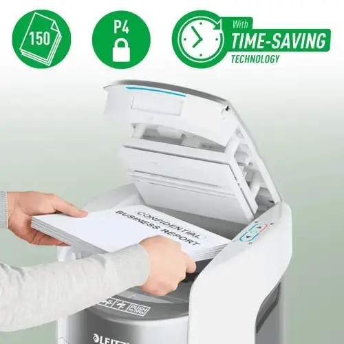 Leitz IQ Optimax AutoFeed 150 80380000 popieriaus smulkintuvas, P4, 150 lapų, 15 l talpos šiukšliadėžė – 2