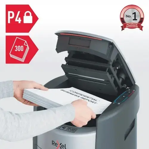 Dokumentų smulkintuvas Rexel ShredMax AutoFeed+ 300X, P4, 300 lapų, 25 l talpos šiukšliadėžė – 2