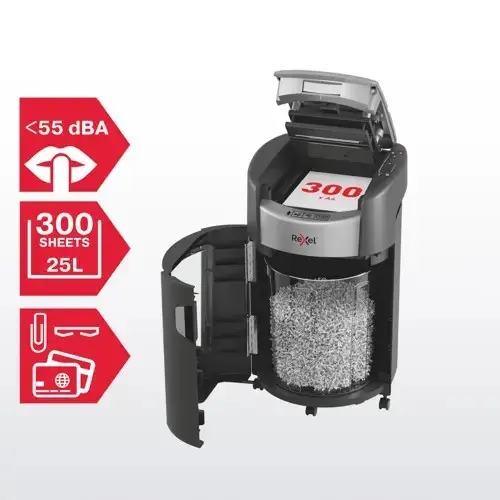 Dokumentų smulkintuvas Rexel ShredMax AutoFeed+ 300X, P4, 300 lapų, 25 l talpos šiukšliadėžė – 4