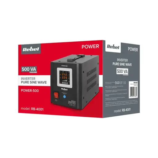 Avarinis maitinimo šaltinis „Rebel POWER-500“ – keitiklis su grynu sinusiniu signalu ir įkrovimo funkcija, 12 V, 230 V, 500 VA/300 W