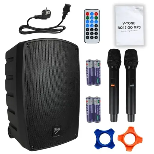 V-TONE BQ12 GO MP3 - aktyvus 8 colių baterijomis maitinamas garsiakalbis su belaidžiu mikrofonu ir nuotolinio valdymo pultu, juodos spalvos
