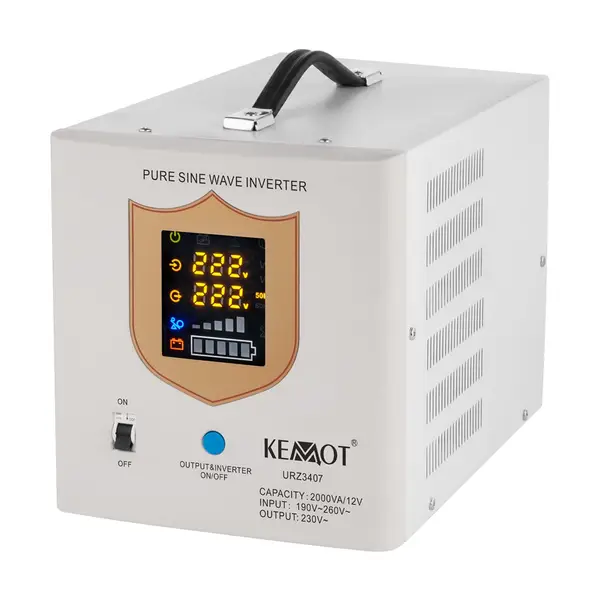 Avarinis maitinimo šaltinis „KEMOT PROsinus-2000“ – keitiklis su grynu sinusiniu signalu ir įkrovimo funkcija, 12 V, 230 V, 2000 VA/1200 W – 2