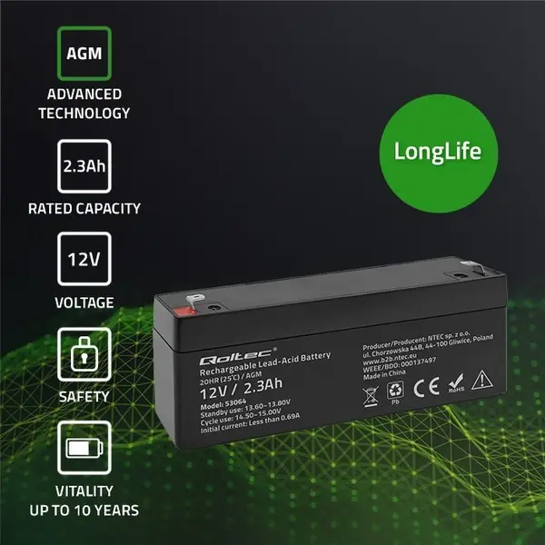 QOLTEC 53064 AGM battery 12V 2.3Ah max. 34.5A – 3