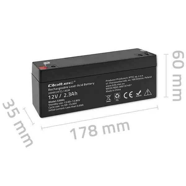QOLTEC 53064 AGM battery 12V 2.3Ah max. 34.5A – 4