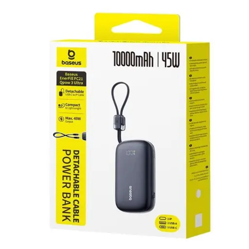 Powerbank Baseus EnerFill FC21 QPow3 Ultra 10000mAh 22.5W z wyświetlaczem cyfrowym i odłączanym kablem - czarny