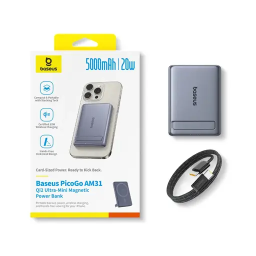 Powerbank Baseus PicoGo AM31 Qi2 5000mAh 20W ultracienki kompatybilny z MagSafe z podstawką z kablem plecionym Baseus Simple USB-C 20cm - szary