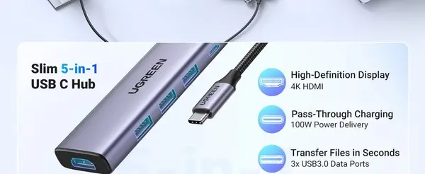 Ugreen 20956A sąsajos šakotuvas C tipo USB 5000 Mbit/ai Sidabras – 6