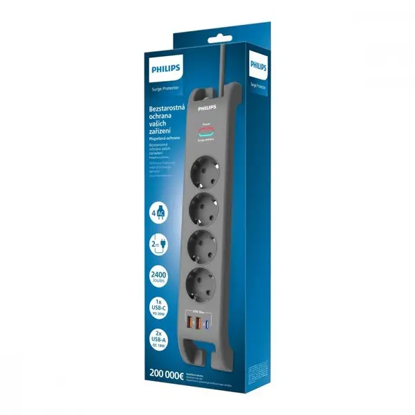 Surge protector power strip 4 sockets 2m 3xUS – 2