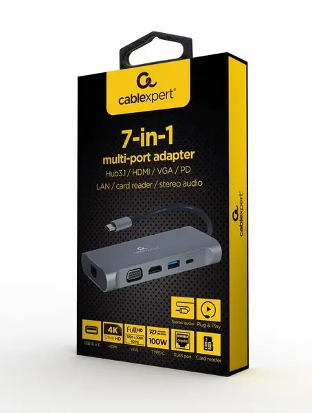 [Atidaryta pakuotė] GEMBIRD A-CM-COMBO7-01 Multi Port Adapter USB Type C Hub3.0 HDMI VGA PD card reader stereo audio space grey – 15