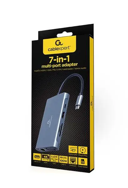 [Atidaryta pakuotė] GEMBIRD A-CM-COMBO7-01 Multi Port Adapter USB Type C Hub3.0 HDMI VGA PD card reader stereo audio space grey – 19
