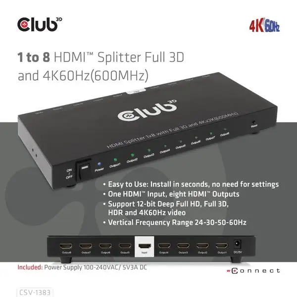 VIDEO SPLITTER HDMI 8PORT/3D 4K 60HZ CSV-1383 CLUB3D – 8