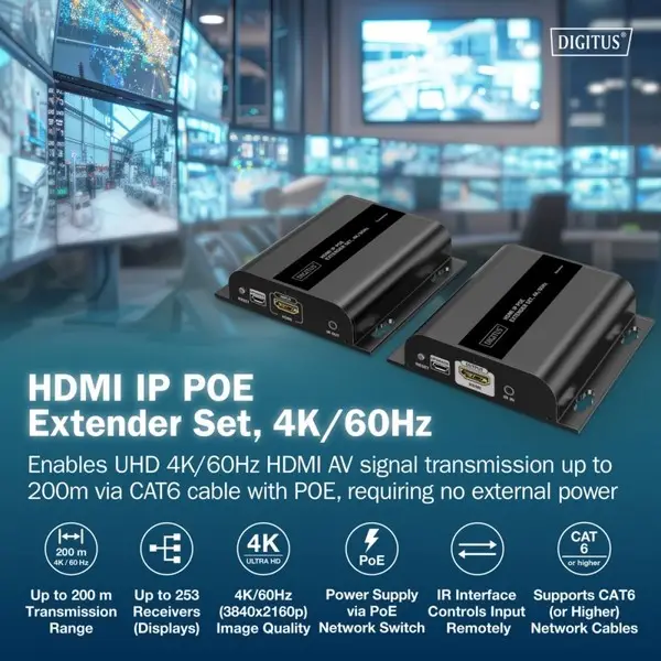DIGITUS HDMI IP Extender Set 4K/60Hz 120/200 m PoE One-to-Many CAT Black – 5