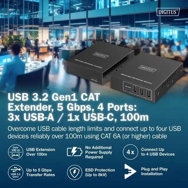 DIGITUS USB Extender USB 3.2 Gen1 100m 3x USB-A & 1x USB-C for use with CAT cable – 5