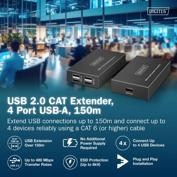 Category 6 UTP USB 2.0 Extender up to 150m, 4× USB-A up to 480 Mbps, 1× RJ45 (Gigabit Ethernet) - Kit (Receiver/Transmitter) – 5