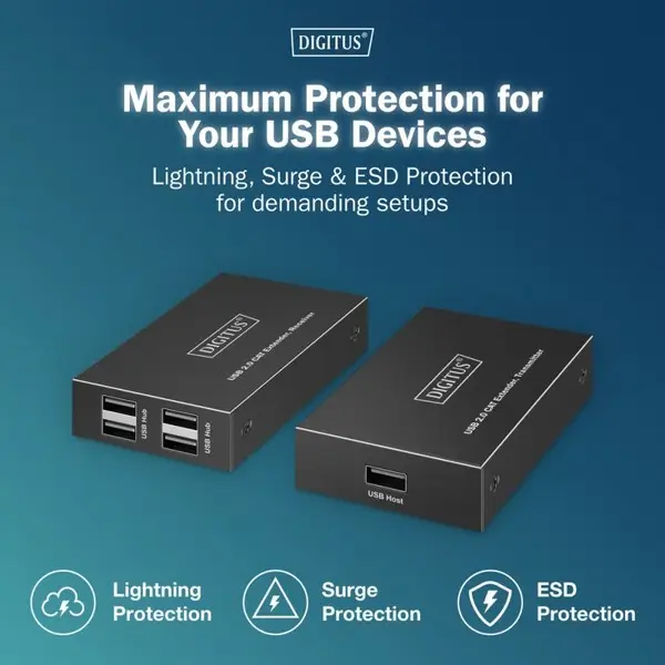 Category 6 UTP USB 2.0 Extender up to 150m, 4× USB-A up to 480 Mbps, 1× RJ45 (Gigabit Ethernet) - Kit (Receiver/Transmitter) – 9