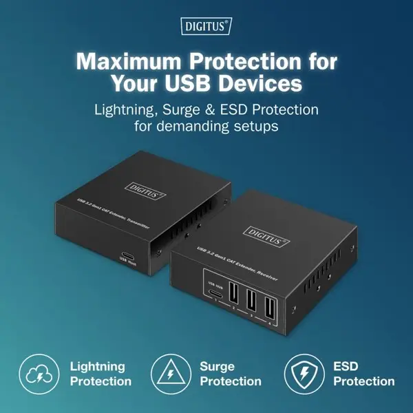 DIGITUS USB Extender USB 3.2 Gen1 100m 3x USB-A & 1x USB-C for use with CAT cable – 9