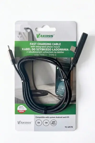 Vakoss TC-U570“ USB-C į USB-C laidas su stovo funkcija, 100 W, 1 m juodas – 2