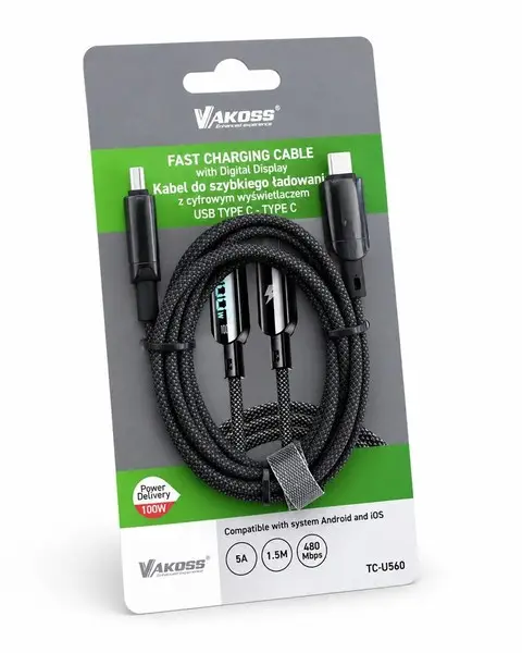 Vakoss TC-U560“ USB-C į USB-C laidas su skaitmeniniu ekranu, 100 W, 1,5 m, juodas – 2