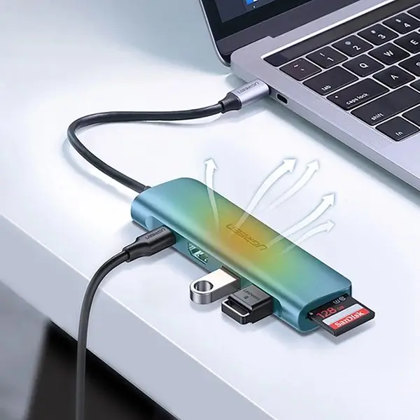 Ugreen CM195 6-in-1 USB-C adapteris – HDMI / 2× USB-A 3.0 / USB-C PD / SD / TF kortelių skaitytuvas – pilkas – 5