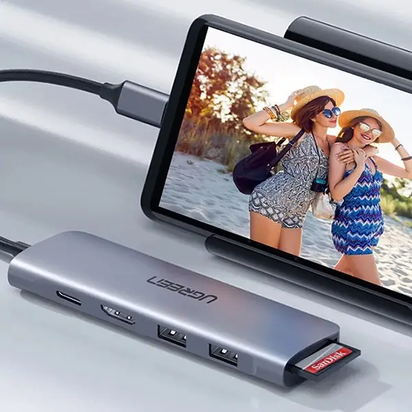 Ugreen CM195 6-in-1 USB-C adapteris – HDMI / 2× USB-A 3.0 / USB-C PD / SD / TF kortelių skaitytuvas – pilkas – 8