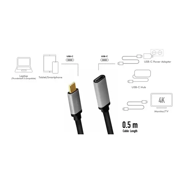 USB-C M/F cable, 4K/60Hz , alu, 0.5m – 3
