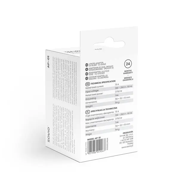 SAVIO AP-01 Kelioninis adapteris, JAV lizdas – ES kištukas – 7