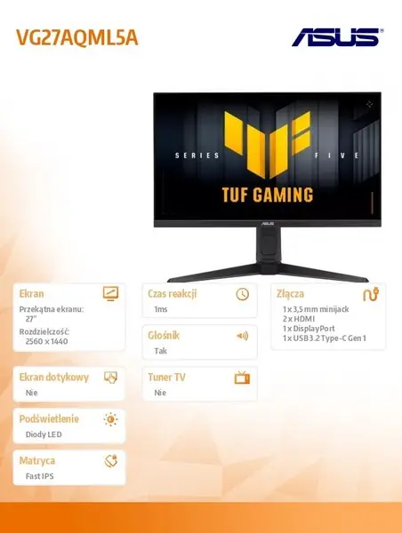 Asus TUF Gaming Series 5 - VG27AQML5A Gaming Monitor – 27-inch QHD Fast-IPS panel, 300Hz, 0.3ms , G-SYNC® compatible AMD FreeSync™ Premium, ELMB SYNC, VESA DisplayHDR™ 400, 95% DCI-P3, DisplayWidget Center, Gaming AI – 10