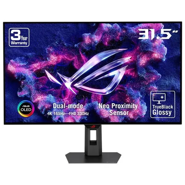 ROG Strix OLED XG32UCWG gaming monitor 32-inch (31.5-inch viewable) 4K TrueBlack Glossy OLED, dual mode (4K@165Hz, FHD@330Hz), 0.03ms (GTG), G-SYNC® compatible, custom heatsink, OLED Care Pro, Neo Proximity Sensor, VESA DisplayHDR™ 400 True Black, Au – 2