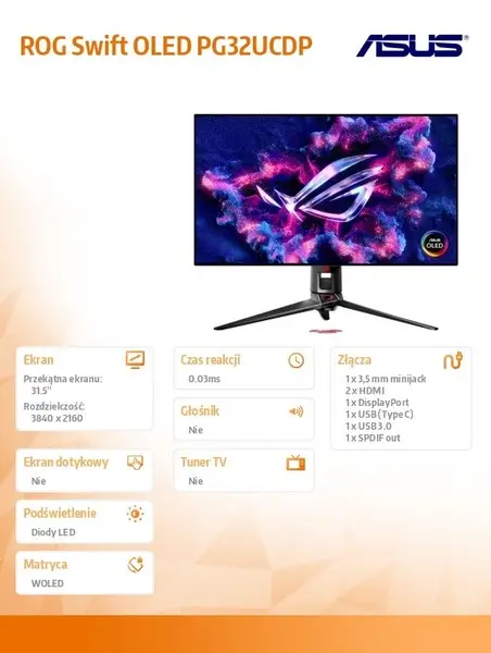 Asus ROG Swift OLED PG32UCDP gaming monitor ― 32-inch (31.5 inch viewable) WOLED panel, dual mode (4K 240Hz or FHD 480Hz), 0.03 ms (GTG), G-SYNC® compatibility, custom heatsink, ASUS OLED Care, AI Assistant, VESA DisplayHDR™ 400 True Black, uniform b – 8