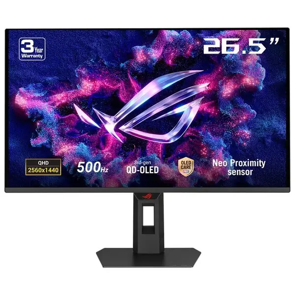 ROG Strix OLED XG27AQDPG gaming monitor ― 27-inch (26.5-inch viewable) QHD QD-OLED panel, 500Hz, 0.03ms (GTG), OLED Anti-Flicker 2.0, custom heatsink, OLED Care Pro, Neo Proximity Sensor, G-SYNC® compatible, VESA DisplayHDR™ 500 True Black, uniform b – 10